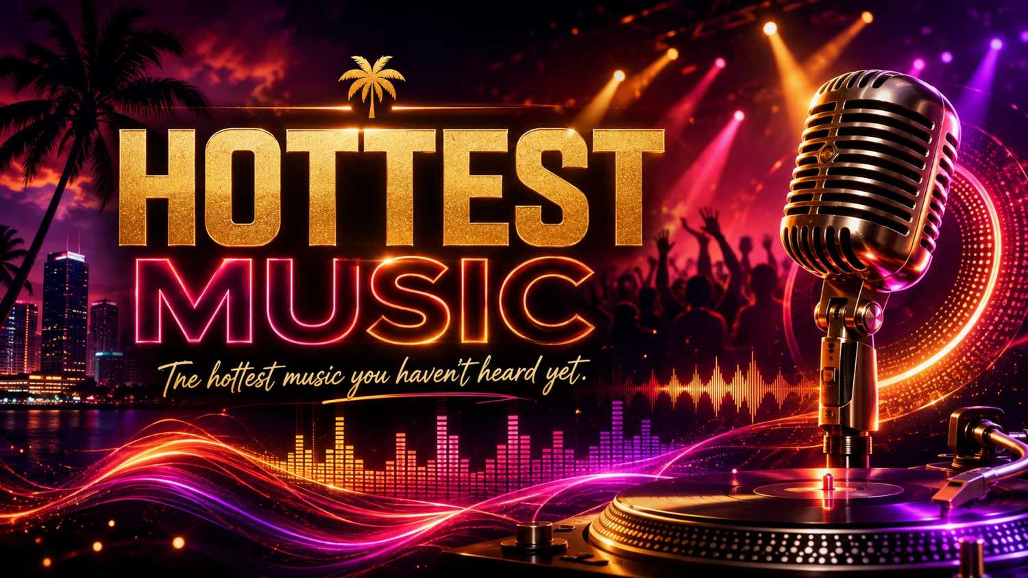 Hottest Music: gold lettering, a vintage microphone, and neon waves above a turntable
